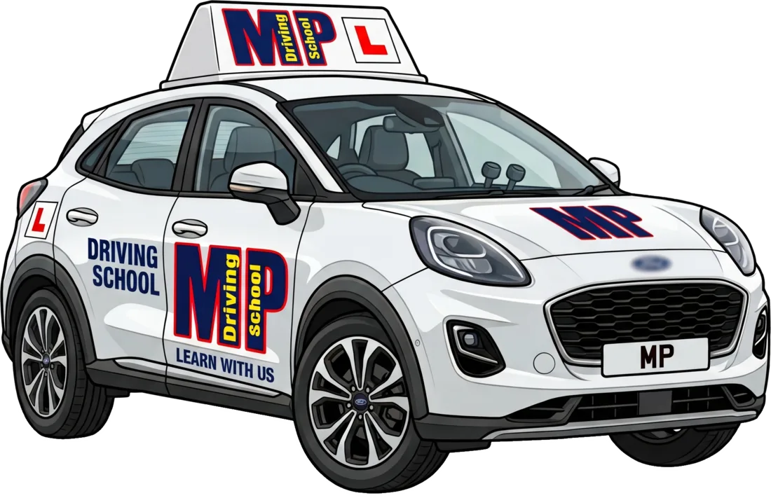 Illustration of an MP Driving School car with a roof sign, L plates and MP Driving School logos